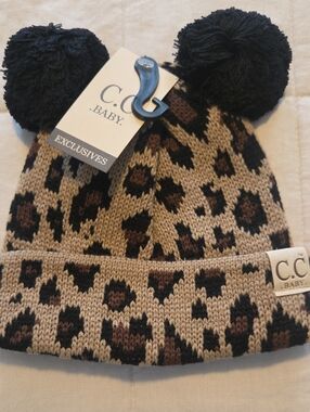 C.C. Exclusives Baby Leopard Print Pom Pom Beanie - Tan & Black